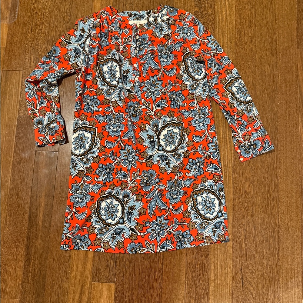 LOFT Vibrant Red and Blue Patterned Dress